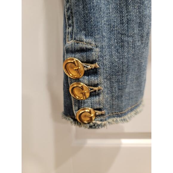 VTG GUESS Denim Jacket Women's Distressed Blue Sz M Gold Buttons Y2k Streetwear - Picture 6 of 12